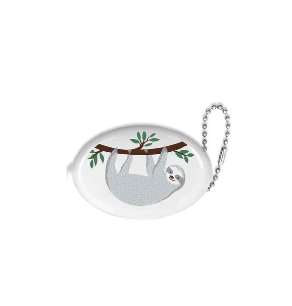 White oval-shaped silicone coin purse with attached bead chain features illustration of a smiling sloth hanging from a tree branch