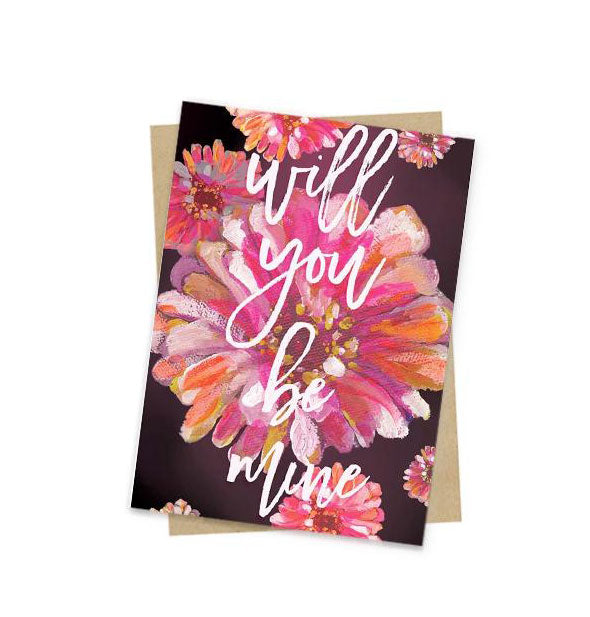 Will You Be Mine greeting card with pink  flowers on a black backdrop