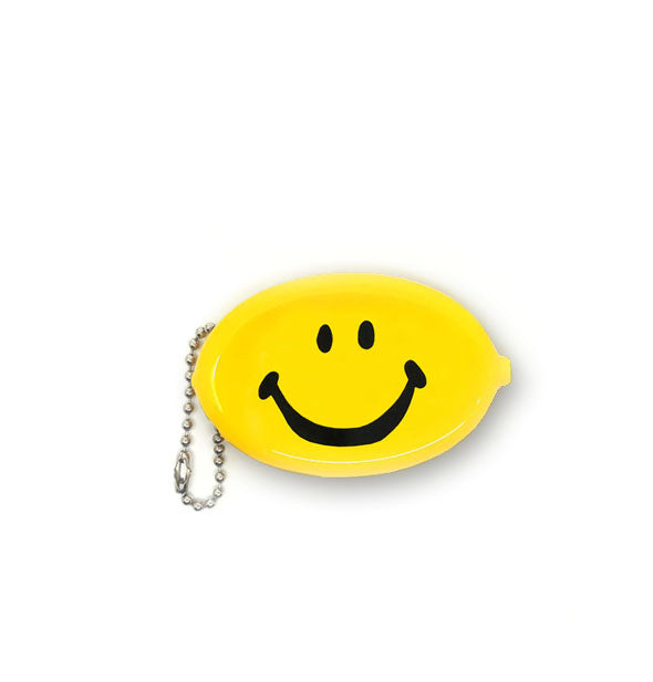 Yellow oval coin pouch wit silver ball chain attached is printed with a smiley face in black