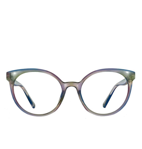 Pair of rounded cat eye glasses with smoky iridescent frame