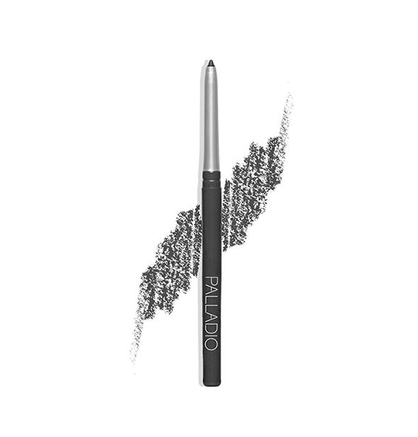 Retractable Palladio liner pencil with sample drawn behind in a gray shade