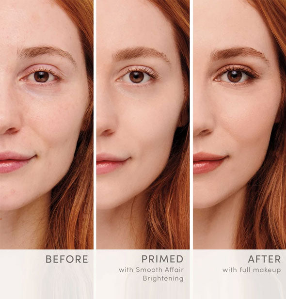 Use of Jane Iredale Smooth Affair Brightening Face Primer: before, after priming, and after makeup application