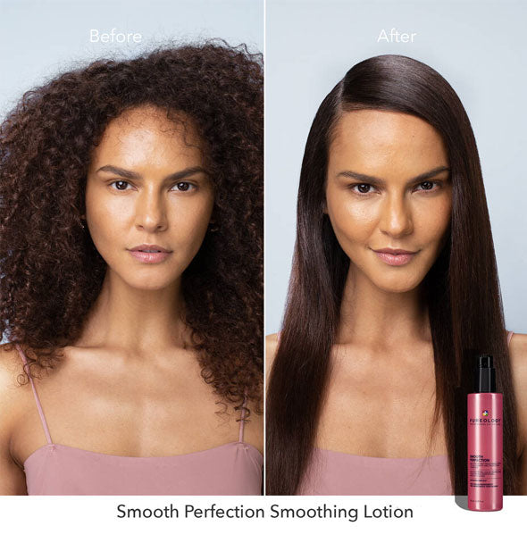 Before and after results of using Pureology Smooth Perfection Heat Protectant Smoothing Lotion