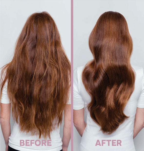 Comparison of model's hair before and after using ColorProof Smooth Shampoo