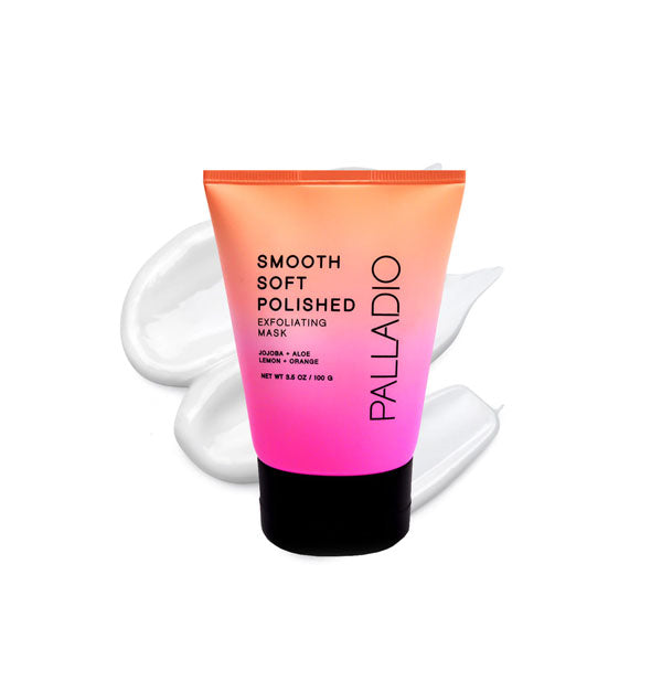 3.5 ounce bottle of Palladio Smooth Soft Polished Exfoliating Mask with product sample behind