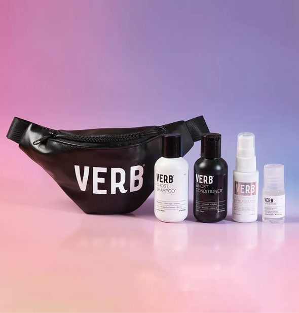 Travel-size Verb Ghost Shampoo, Conditioner, Oil, and Shine Spray with black fanny pack bearing the Verb logo in large white lettering on a purple and pink backdrop