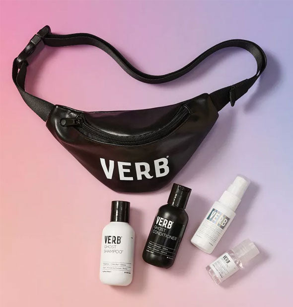 Travel-size Verb Ghost Shampoo, Conditioner, Oil, and Shine Spray with black fanny pack bearing the Verb logo in large white lettering on a purple and pink backdrop