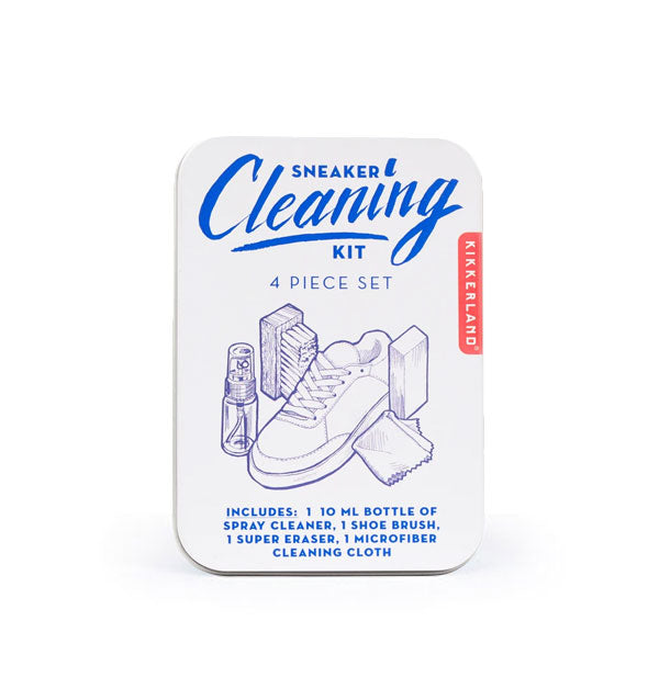 Rectangular Sneaker Cleaning Kit box with rounded corners features illustration of a shoe and the kit's contents