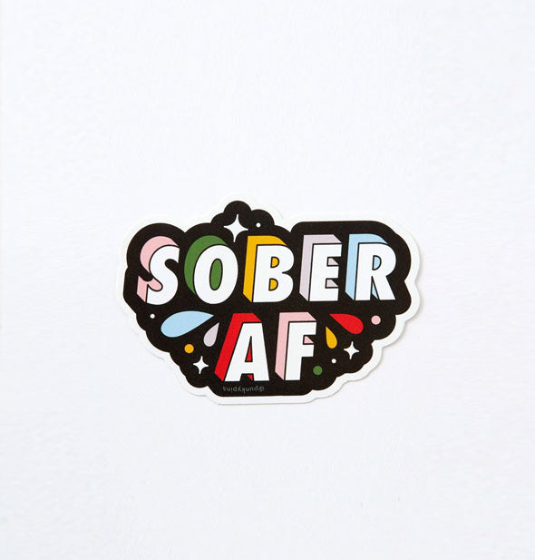 Sober AF sticker with black background and multicolor text accents and droplet graphics