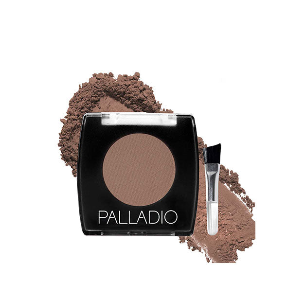 Palladio compact shown with small angled applicator brush and cool brown powder sample