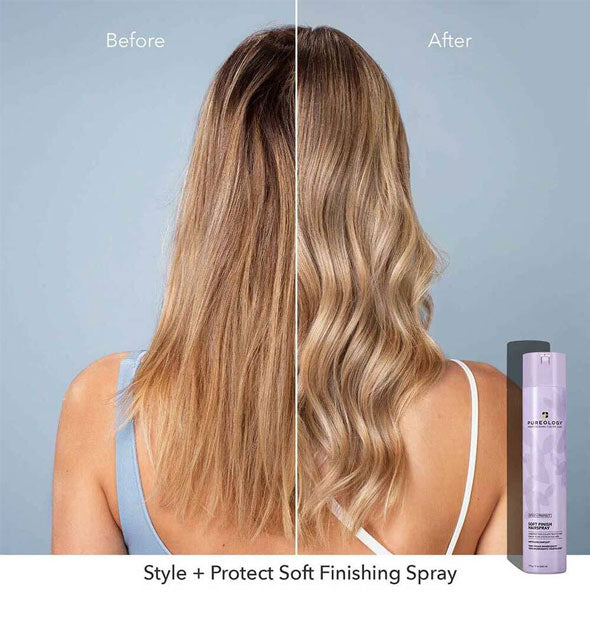 Before and after results of using Pureology Style + Protect Soft Finish Hairspray