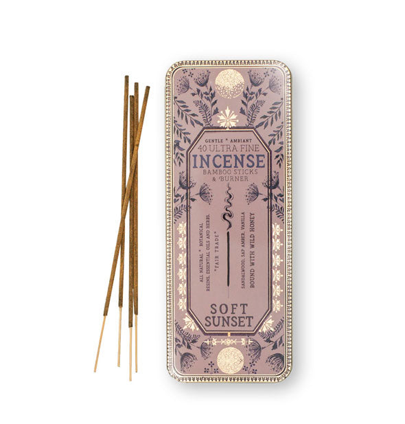 Rectangular tin of 40 Ultra Fine Incense Bamboo Sticks & Burner in Soft Sunset scent with some sticks removed