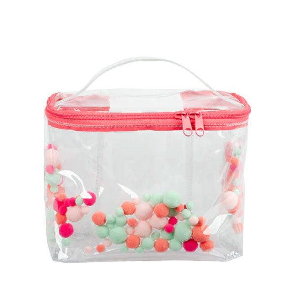 Clear rectangular vinyl bag with coral-colored double zipper and enclosed multicolor pom poms