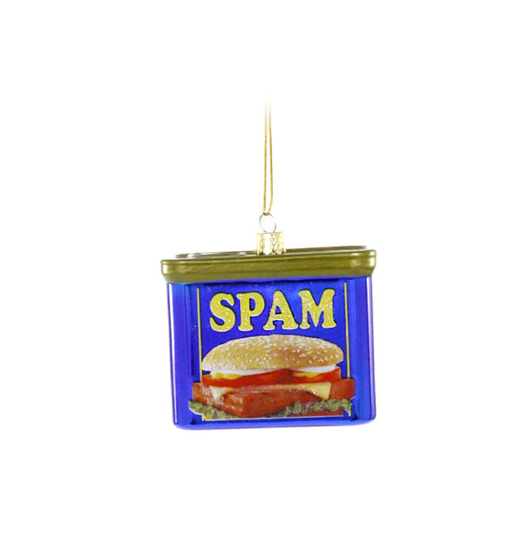 Holiday ornament on string is designed to look like a can of Spam