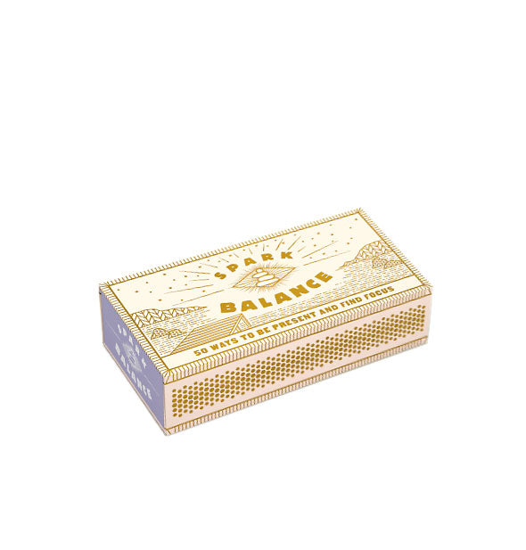 Decorative white and gold Spark Balance matchbox with illustration of a pastoral lakeside scene