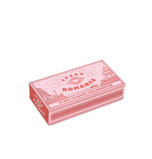 Decorative red and pink Spark Romance box features an illustrated design of a park with pagoda, weeping willow tree, bench, and pond with swans