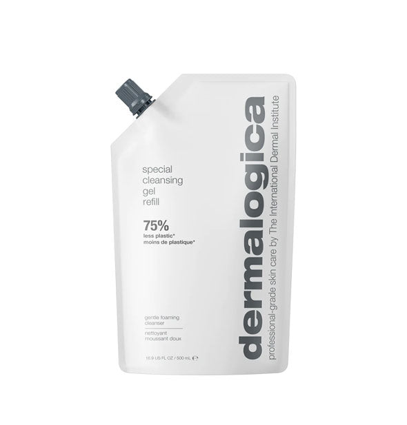 White 16.9 ounce pouch of Dermalogica Special Cleansing Gel Refill with gray lettering and screw-on nozzle