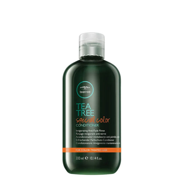 Green 10.14 ounce bottle of Tea Tree Special Color Conditioner with orange accents