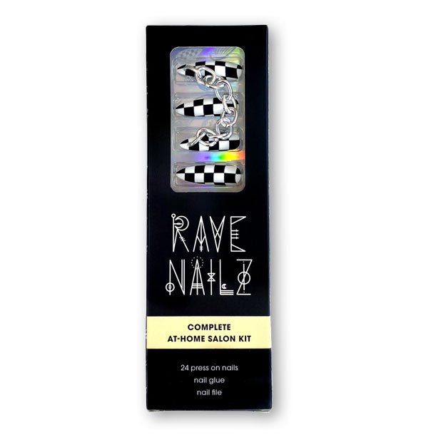 Pack of black and white checkered Rave Nailz with chain embellishments