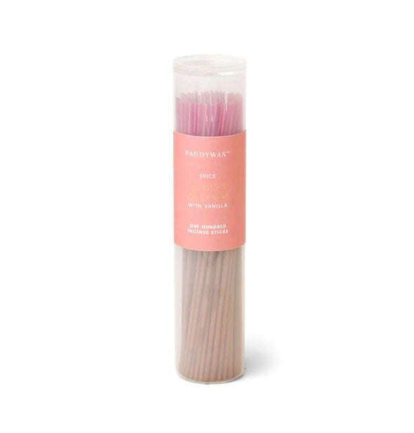 Frosty glass tube filled with 100 sticks of Amber Smoke incense by Paddywax