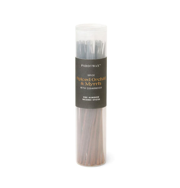 Frosty glass tube filled with 100 Spiced Orchid & Myrrh incense sticks by Paddywax