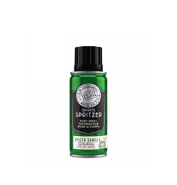 3.4 ounce green, black, and white can of 18.21 Man Made Spirits Spritzer Body Spray in Spiced Vanilla fragrance