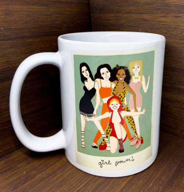 White coffee mug with colorful illustration of The Spice Girls says, "Girl Power!"