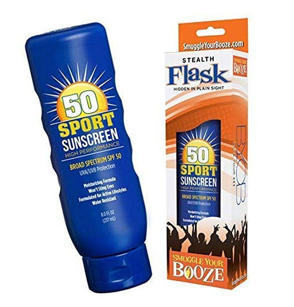 50 Sport Sunscreen bottle Steal Flask shown in and out of packaging