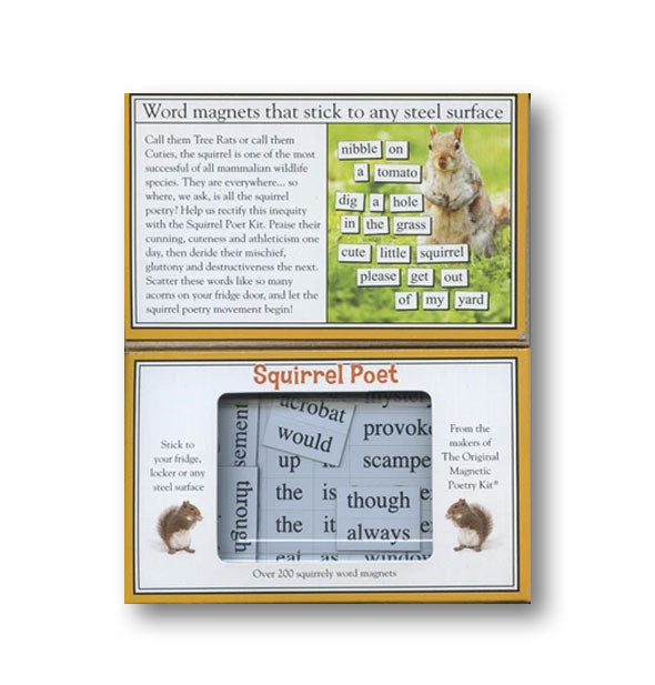 Squirrel Poet by Magnetic Poetry Kit box interior shows some word tile samples