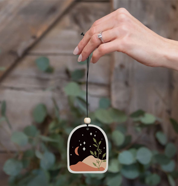 Model's hand holds a Starry Night air freshener against a wood and botanical backdrop