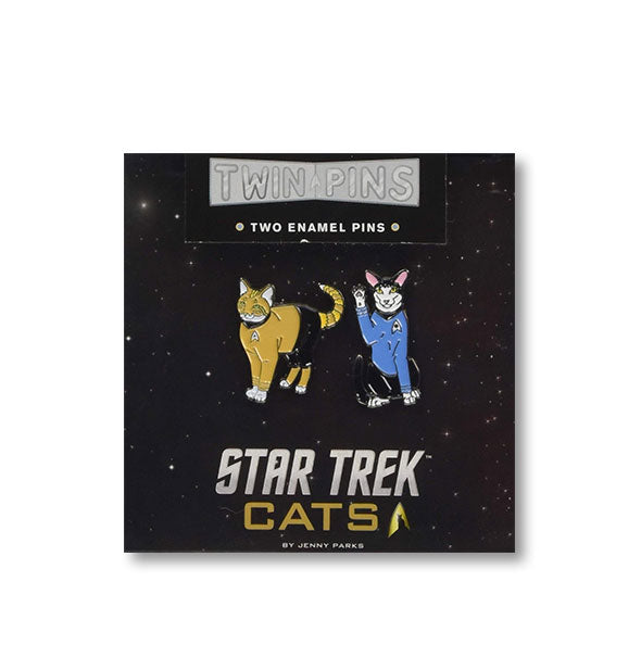 Two enamel Star Trek Cats Twin Pins on black starry sky product card