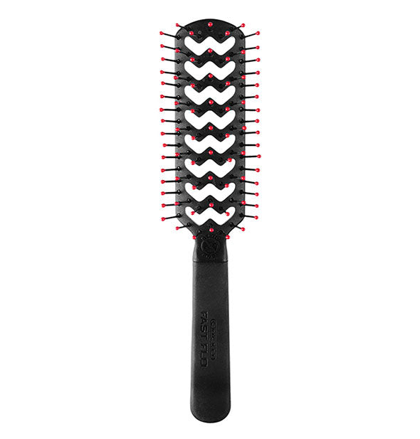 Black hairbrush with red bristle tips and zigzag vent pattern