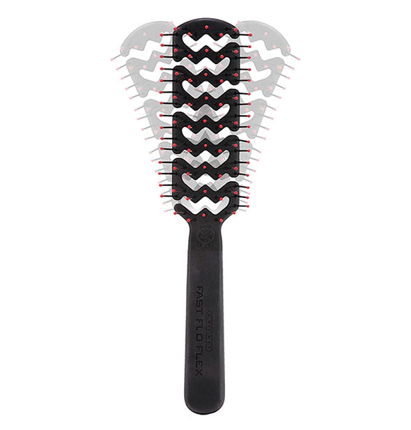 Black hairbrush with zigzag vent pattern and red bristle tips with light-colored illustrations that indicate the brush head's flexibility