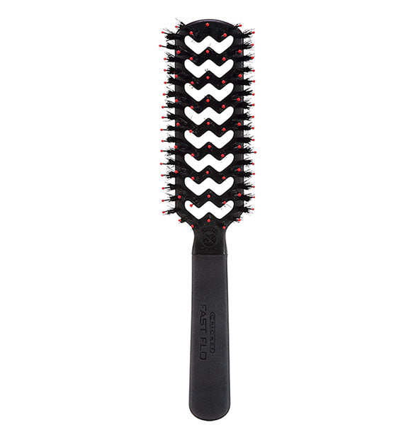 Black hairbrush with zigzag vent design and red bristle tips