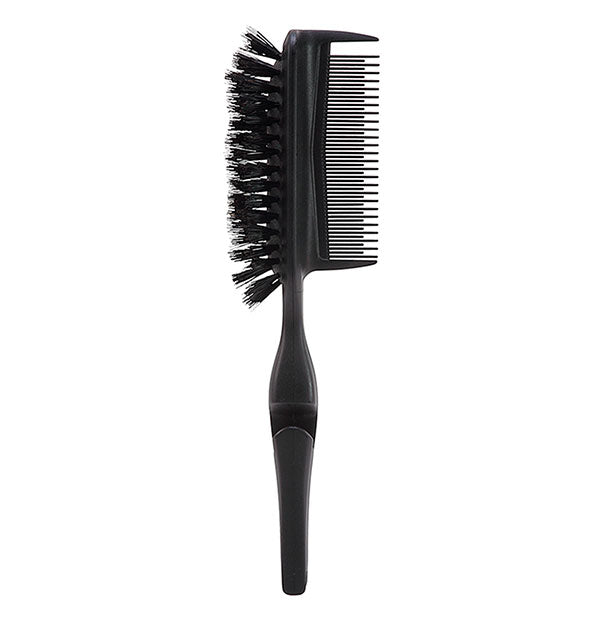 Black double-sided hairbrush features dense bristles on the left and comb comb on the right with alternating teeth heights