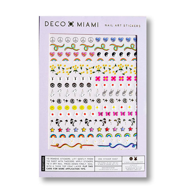 Pack of Deco Miami Nail Art Stickers with flowers, rainbows, hearts, yin yangs, squiggles, smilies, and other groovy designs