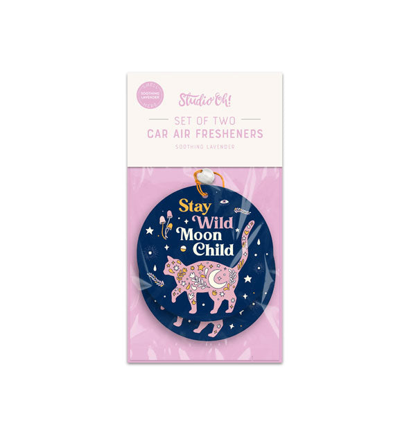 Pack of two round, dark blue Car Air Fresheners with celestial cat design say, "Stay Wild Moon Child"