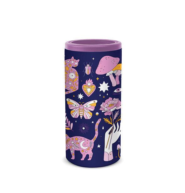 Cylindrical slim can insulator features pink, purple, orange, and white artwork of flowers, butterflies, cats, mushrooms, and other celestial symbols