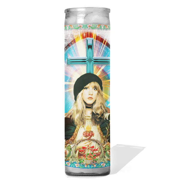 Glass prayer candle featuring an image of the rock legend Stevie Nicks of Fleetwood Mac fame