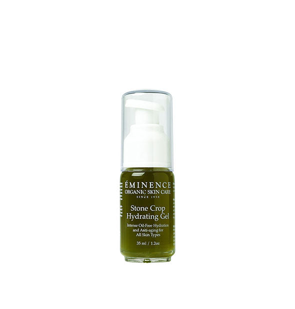 1.2 ounce bottle of Eminence Organic Skin Care Stone Crop Hydrating Gel with green contents and white pump nozzle under a clear cap