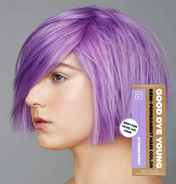 Model with bright pastel purple hair color by Good Dye Young in the shade Stoned Pony