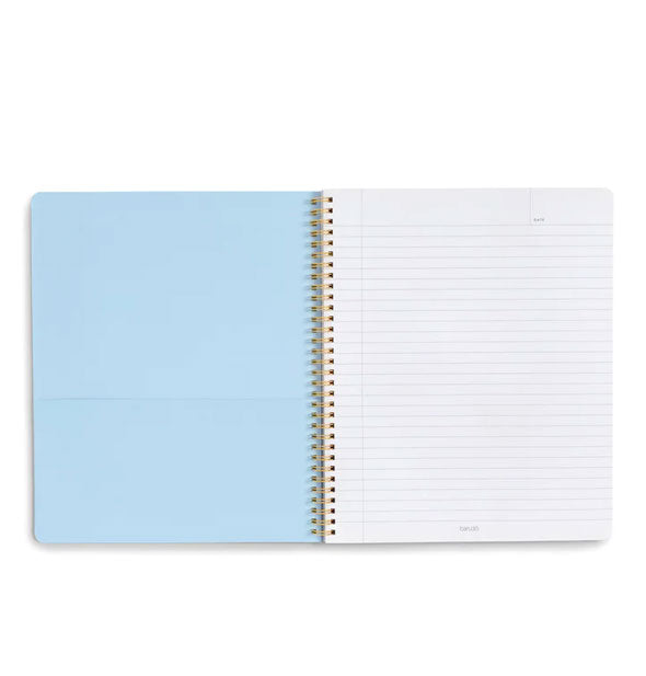 Wire-bound notebook interior with blue pocket page opposite a lined white page