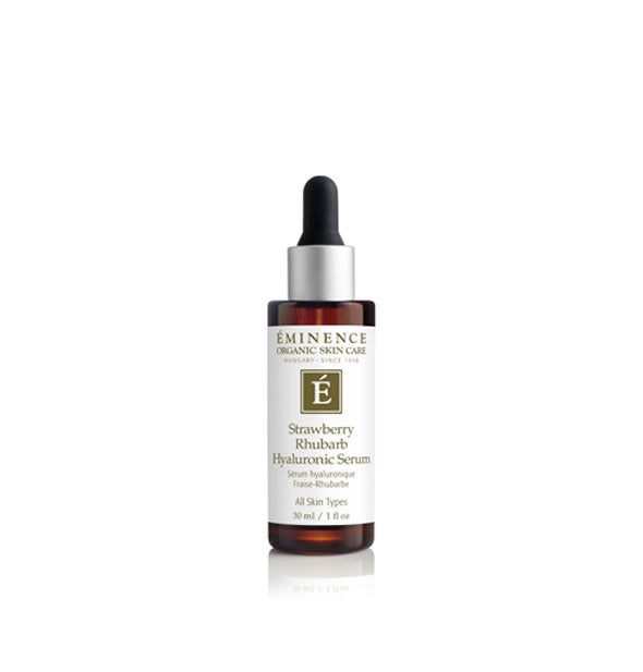 Brown 1 ounce dropper bottle of Eminence Organic Skin Care Strawberry Rhubarb Hyaluronic Serum with white label