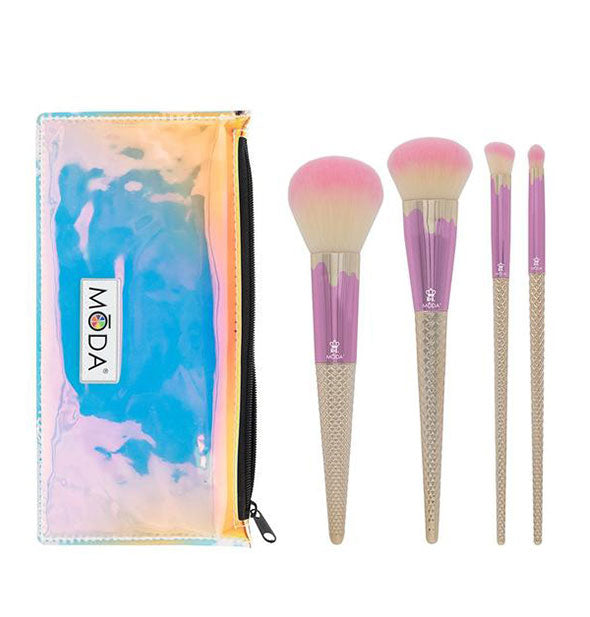 Four makeup brushes with strawberry vanilla color scheme and iridescent storage pouch