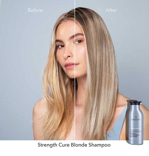 Before and after results of using Pureology Strength Cure Blonde Purple Shampoo