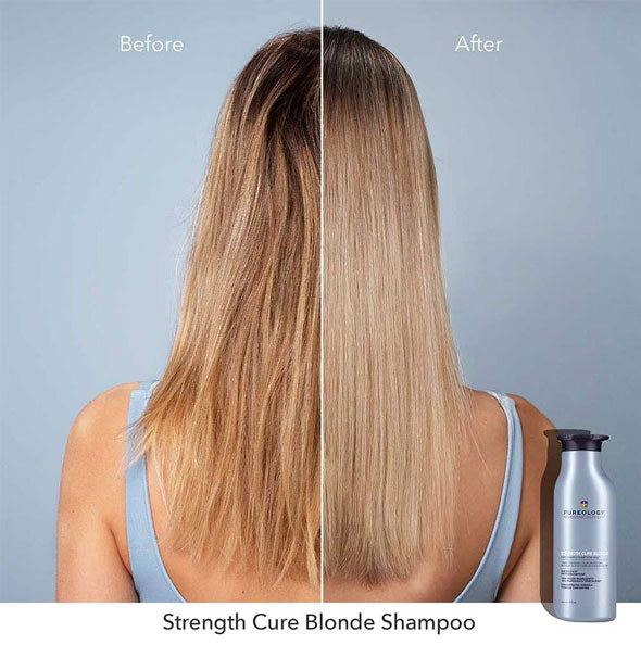 Before and after results of using Pureology Strength Cure Blonde Purple Shampoo