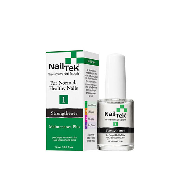 Box and half-ounce bottle of Nail Tek Maintenance Plus Strengthener 1 for normal, healthy nails