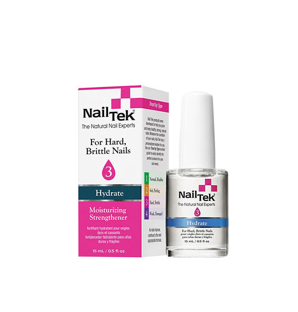 Box and half-ounce bottle of Nail Tek Moisturizing Strengthener 3 for hard, brittle nails