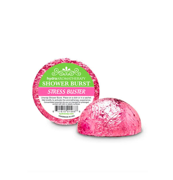 Pink foil-wrapped Hydra Aromatherapy Stress Buster Shower Burst shown from two angles