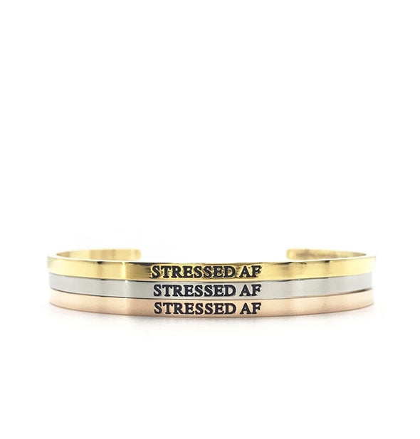 metal stressed af bangles in gold silver and rose gold